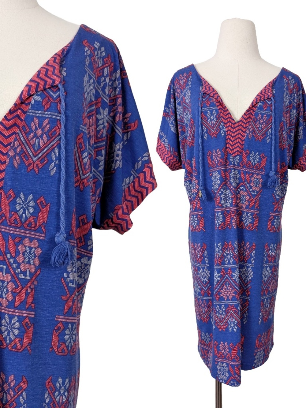 Tigerlily Midi Dress Blue Red Size Small Beach Print V-Neck (c6)